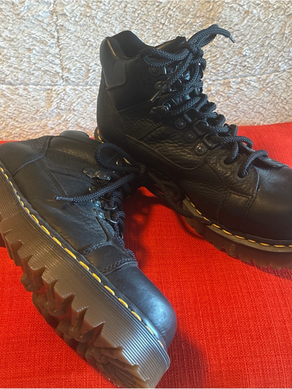 Dr. Martens Black Leather Lace-Up Boots with Yellow Stitching